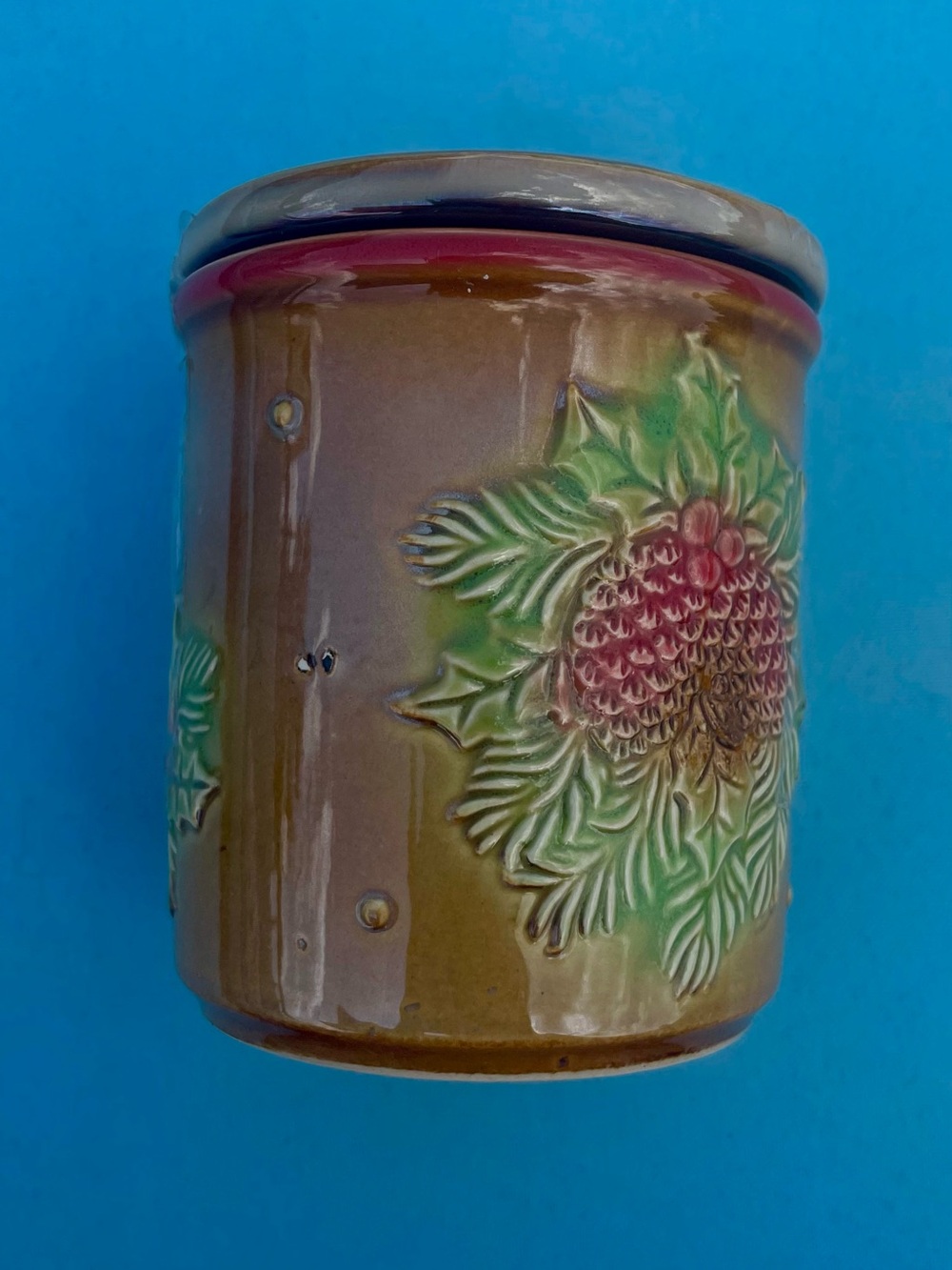 Vintage Ceramic Floral Canister in Brown and Green; Christmas decor